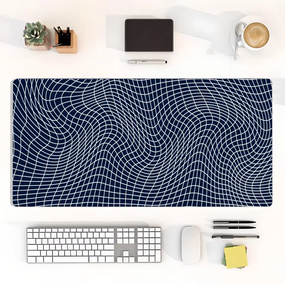 

Navy Desk Mat with Wavy White Grid: Add a modern, optical - illusion vibe. Unique pattern brings sleek, artistic energy to your