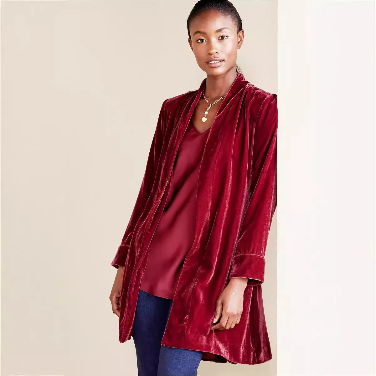 Long Sleeve Pocket Coat Loose Fit European and American Style Women Autumn Coat with Medium Weight Notched Lapel Patchwork