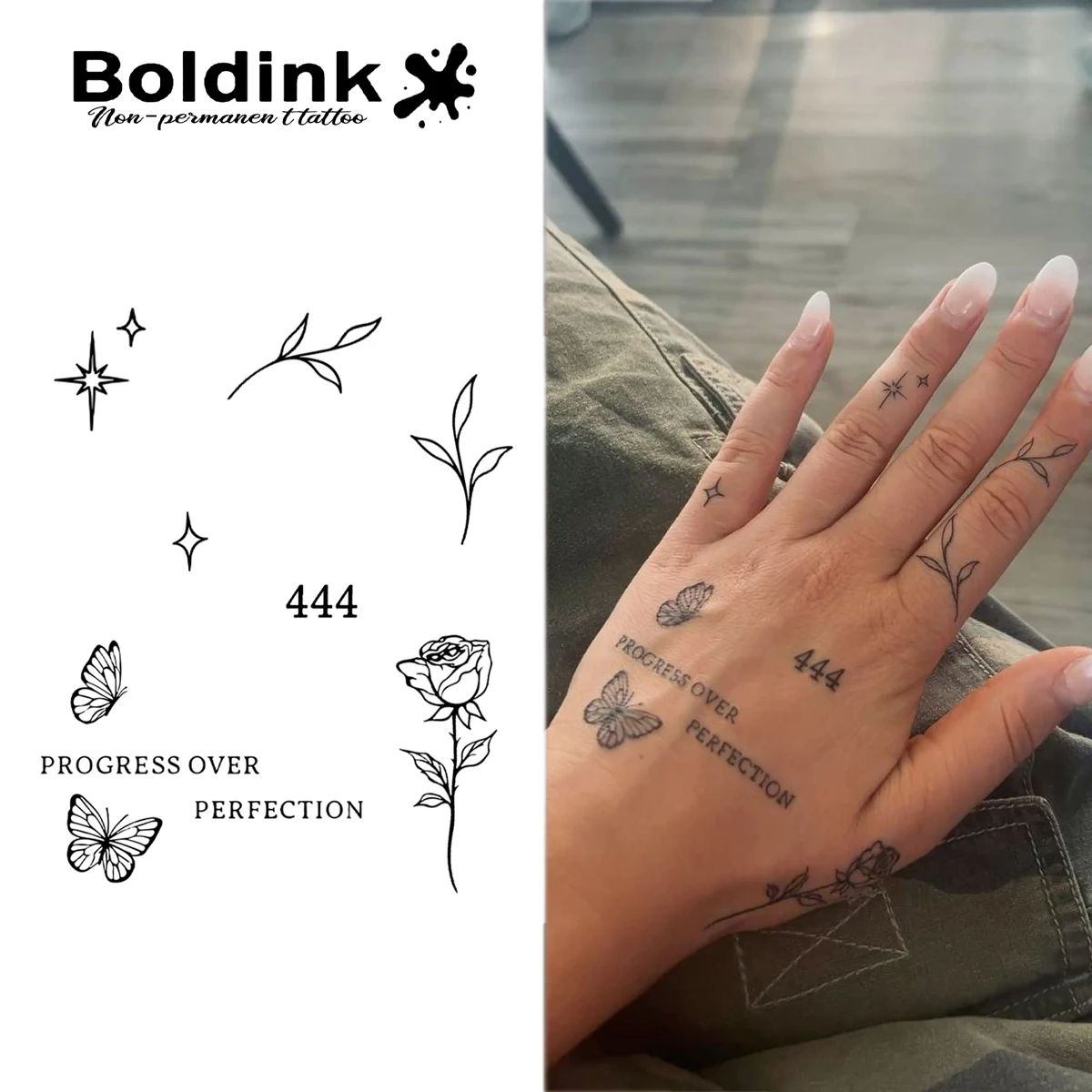 

Rose, Butterfly,"Progress Over Perfection" Sticker, Non-permanent Waterproof Semi-permanent Tattoo, New Technology Magic Sticker