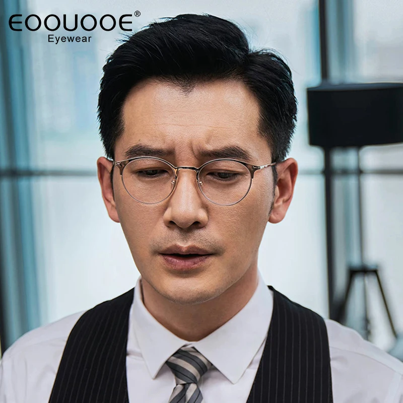 

Eoouooe Brand Pure Titanium Men Women Glasses Frame Myopia Hyperopia Medical Prescription Progressive Optics Round Eyglasses