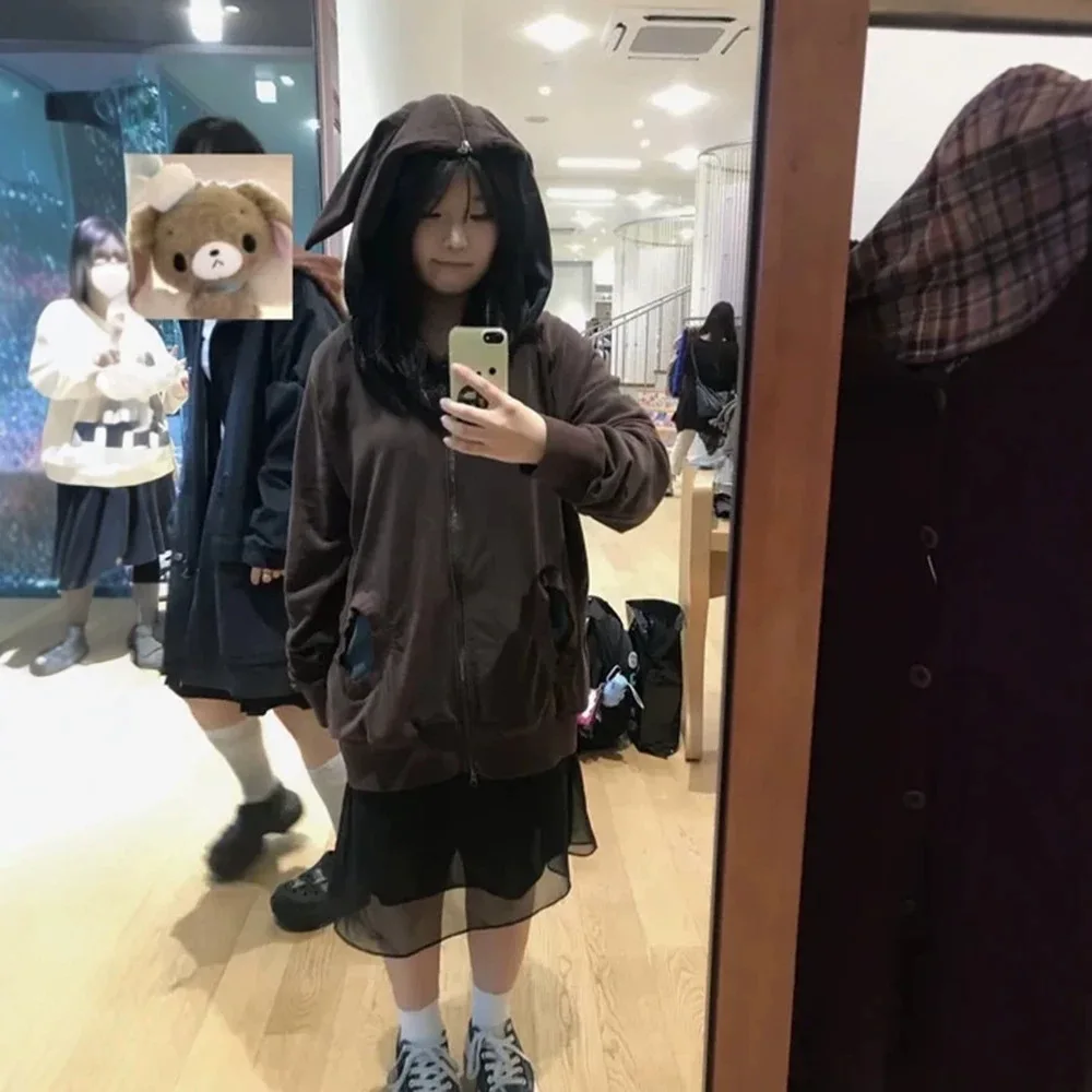 Coyseio Korean Style Rabbit Ear Fleece Hooded Sweatshirt Jacket Stripe Color Block Casual Long Sleeve Girls' Coat