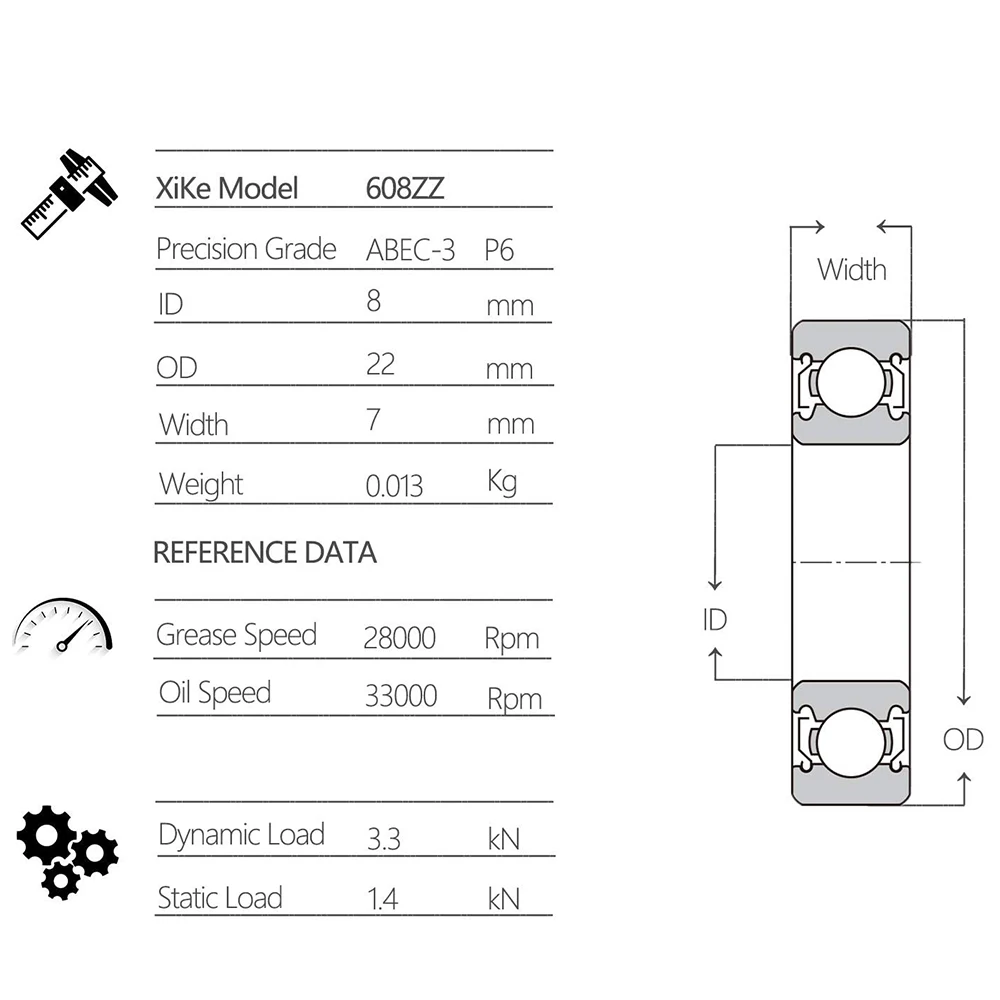 50Pcs 608ZZ Bearing 8X22X7mm Metal Seal and ABEC-3 Precision Grade Chromium Steel Deep Groove Ball Bearing