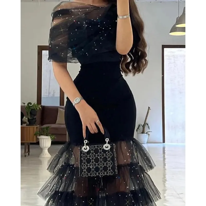 Sexy Fashion Off Shoulder Ruffle Evening Long Dress Y2K Clothes Vestidos Mesh Corset Bodycon Party Dress for Women 2023