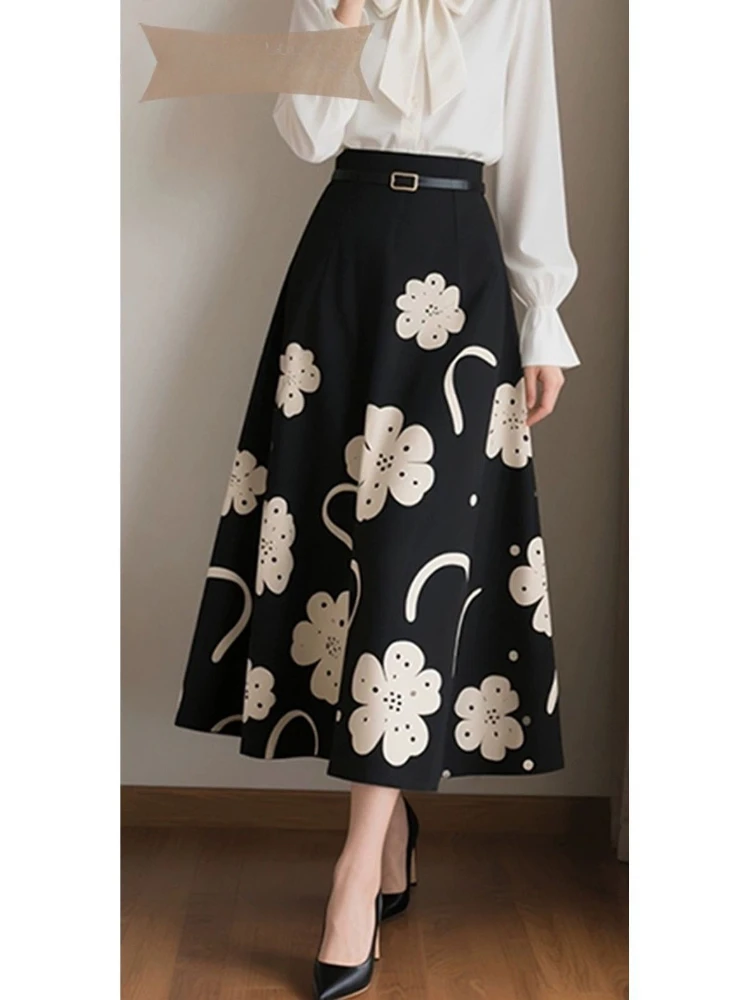 European retro French Flower Black Skirts knee Length A-line Aesthetic Skirt High Waist Autumn Winter Dress Office Lady Elegant