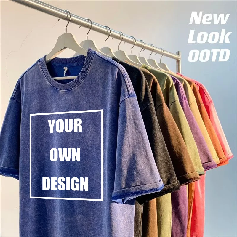 Benutzerdefinierte Grafik Logo Snow Wash T-Shirts Vintage Lose Kleidung Mode All-Match O-Ausschnitt Kurzarm Unisex Sommer 100 % Baumwolle T-Shirt