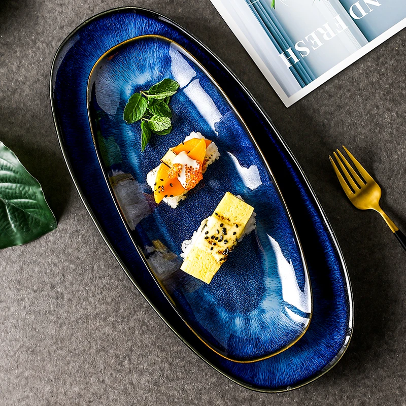 

Kiln Glazed Blue Long Plate Household Steamed Fish Plate Large Dish Color Creative Sushi Plate
