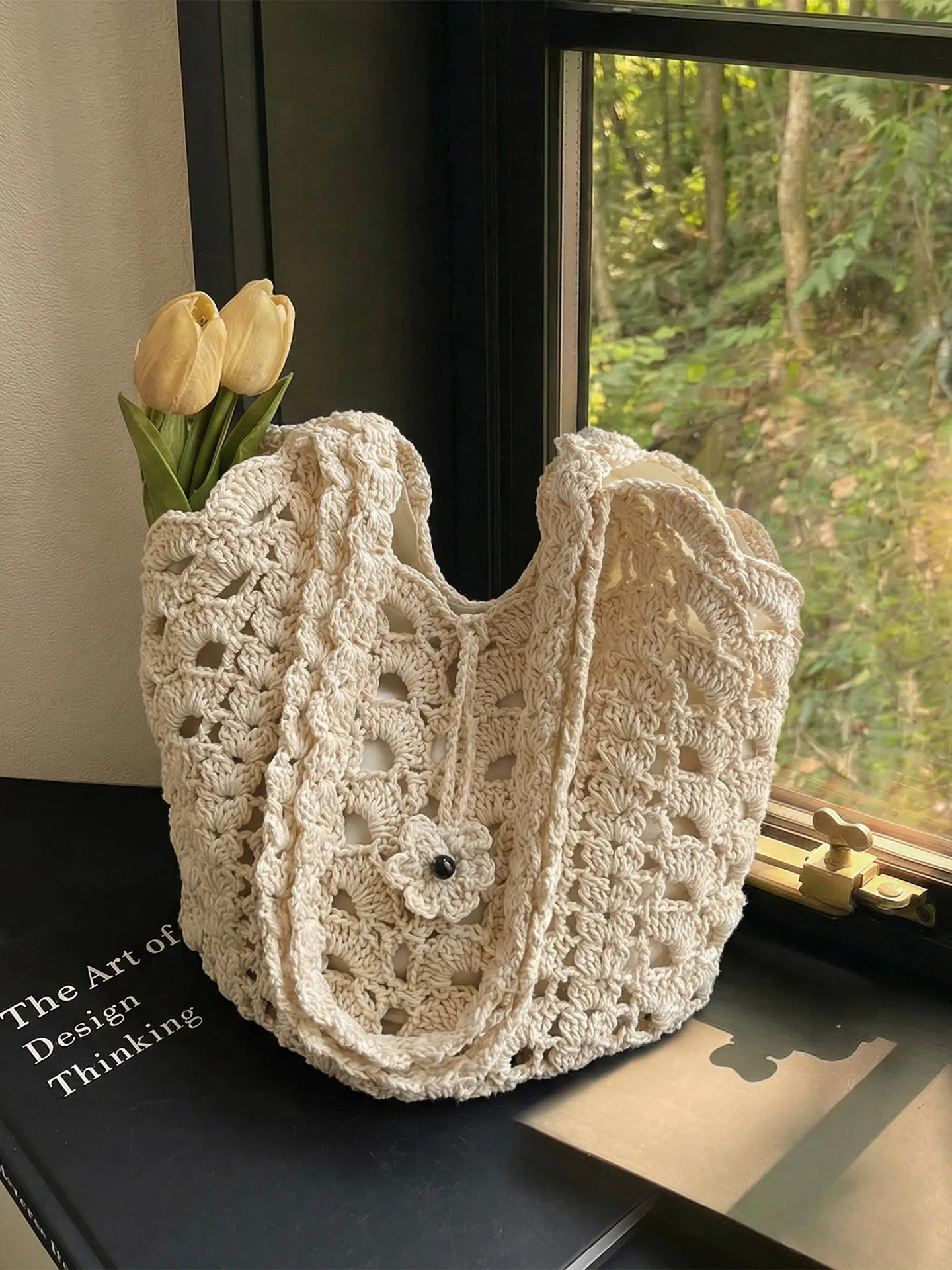 Boho Floral Hollow Crochet Tote Bag For Women Large Capacity Knitted Shoulder Bag Summer Beach Casual Handbag