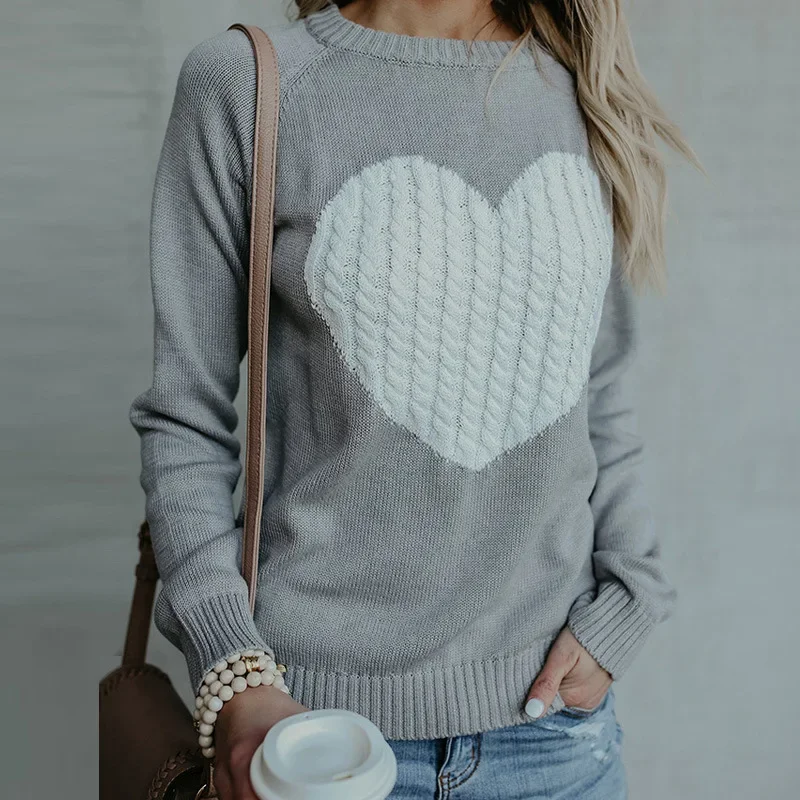 Heart Sweater Pullover Women Autumn Spring Simple Knit Elastic Pullovers Jumper Casual Thick Warm Black White Basic Jumpers