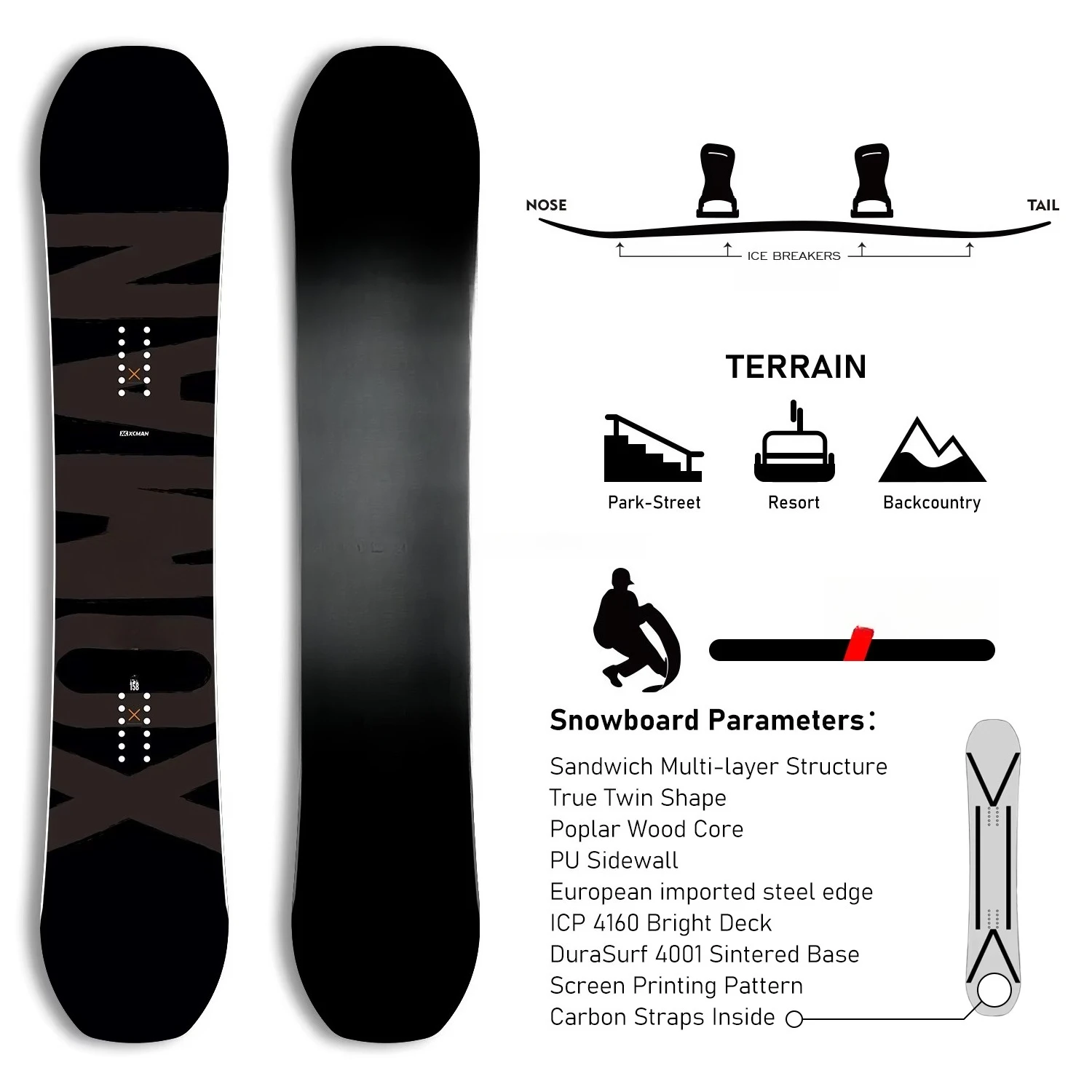 Men's True Twin Camber Cosmos Snowboard 360 Seco Bindings with  Boots All-Terrain Complete Snowboard Package