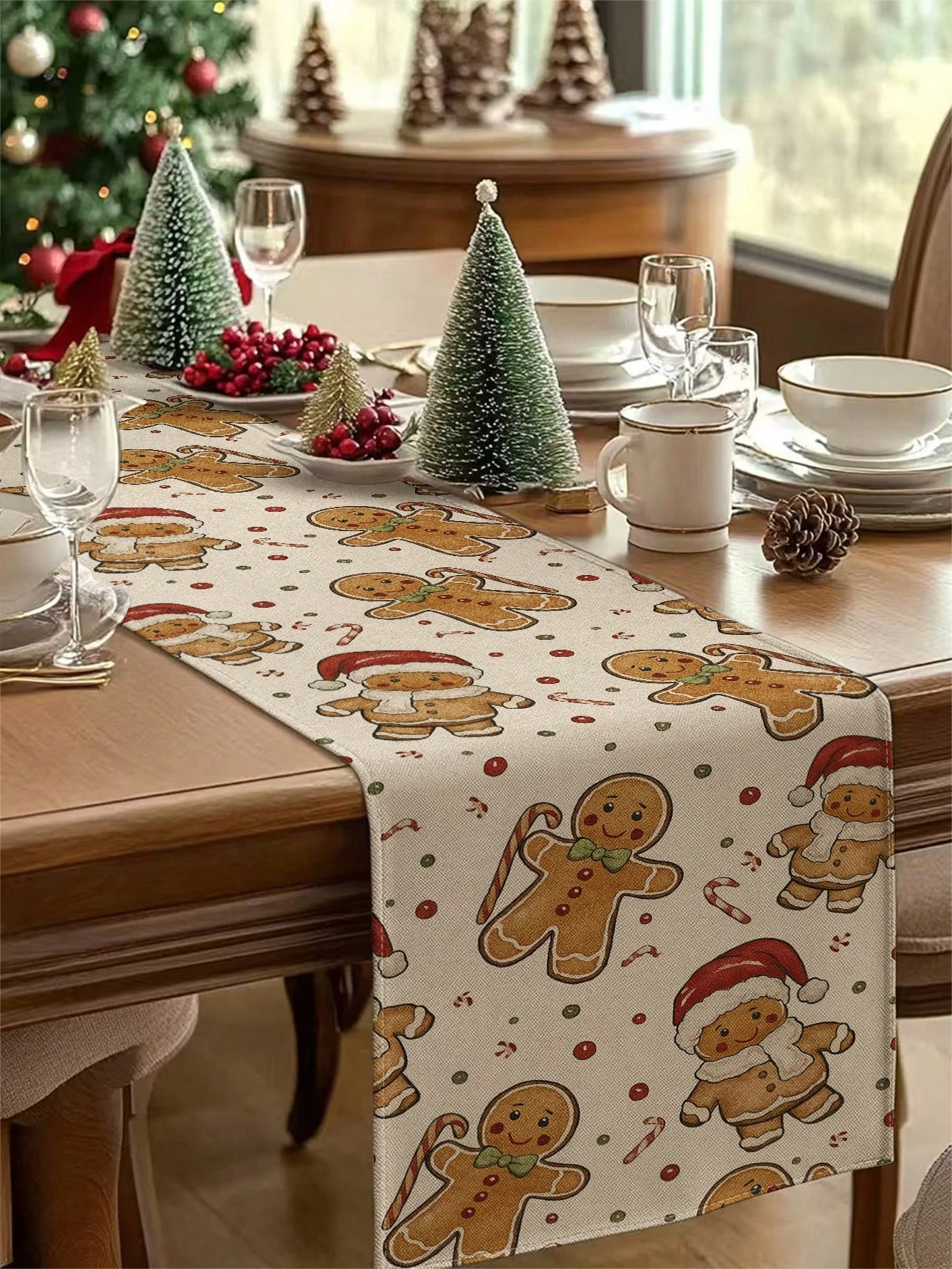 1 Weihnachts-Tischläufer mit Lebkuchenmann, festlicher Keksdruck für Feiertage, Esstisch, Dekoration, niedlich, fröhlich, für Weihnachtsfeiern