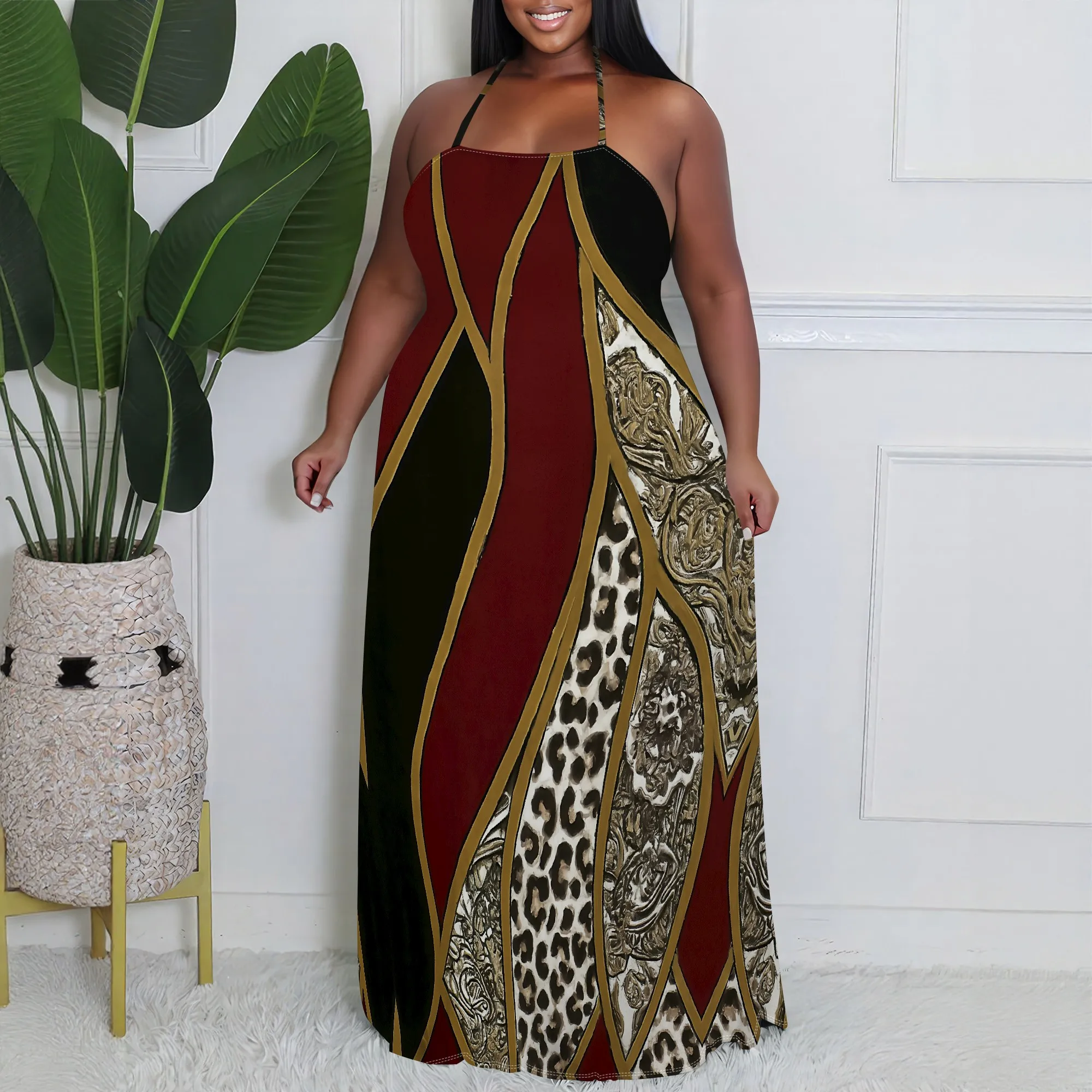 

Plus Size Halter Neck Leopard Patchwork Maxi Dress for Women XL-6XL 2025 Sexy Sleeveless Boho Summer Party Outfit