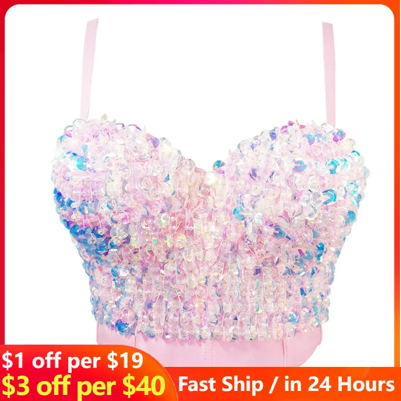 

2023 Sequined Suspenders Wear Bling Bling Beaded Bodice Party Disco Wrapped Strap Slim Top For Women Crop Top Trend Halter Top