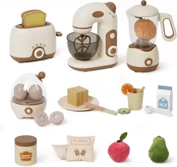 Robotime Robud Kids Toy Kitchen Set Wooden Play Kitchen Appliances with Toaster Mixer Blender kitchen Playset for kids 4-Set
