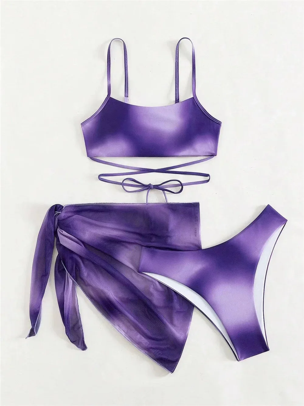 Gradient Tie Dye Sling Bikini Micro String Swimsuit Beach Cover-Up Y2K Vacation Swimwear Women Push Up Bath Suits 3-Piece Outfit