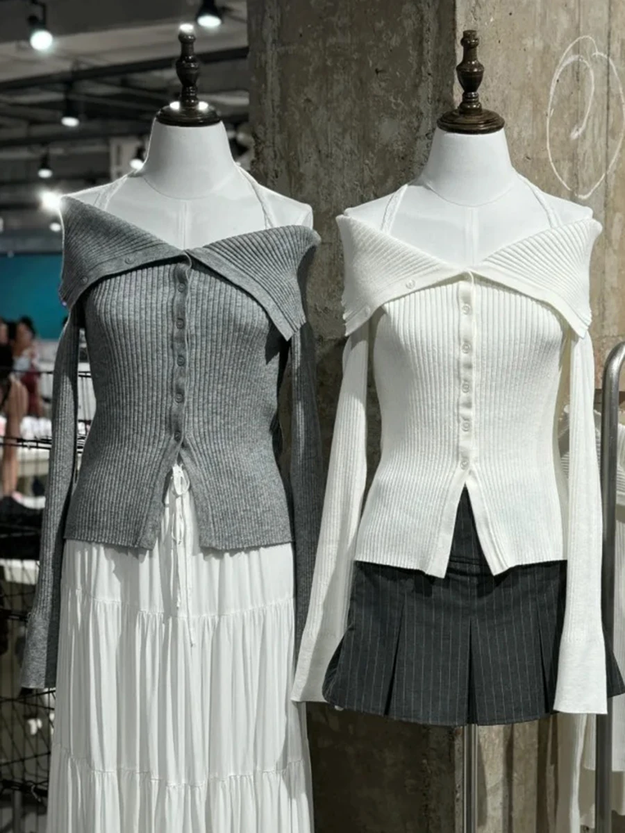 

Fake Two Pieces Lace Halter T-shirt Women Sexy Off Shoulder Single Breasted Slim Long Sleeve Tees Sweet Gray Knit Tshirt Autumn