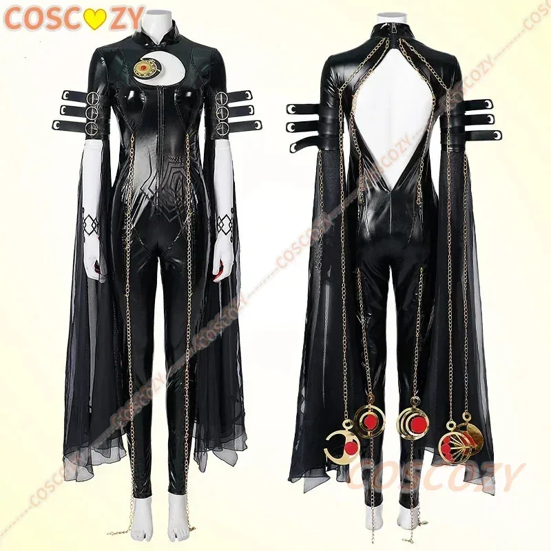 Байонетта Косплей Костюм для женщин Черный комбинезон для взрослых женщин Хэллоуин Карнавальный наряд для вечеринки Парик и очки