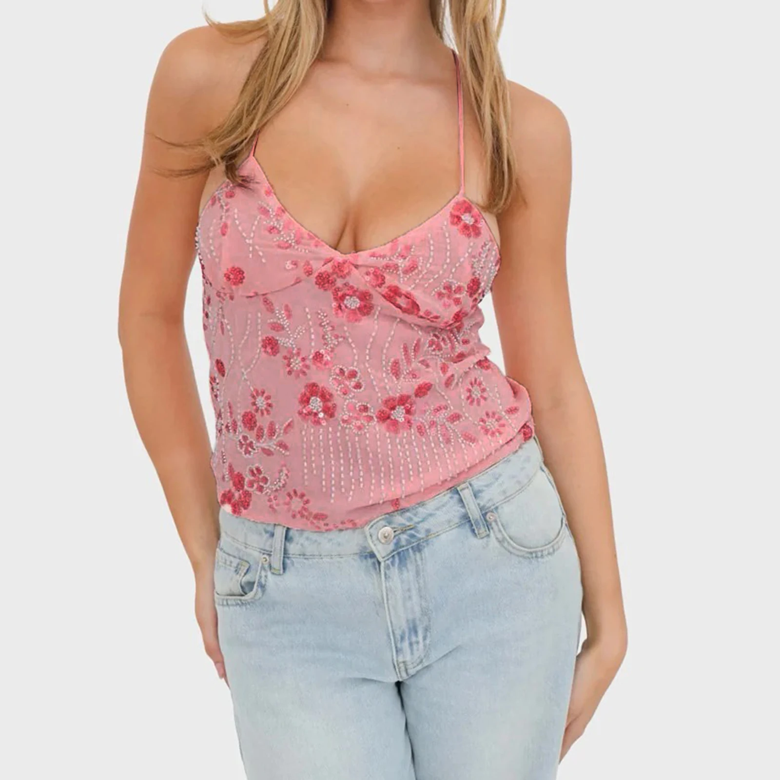 

Summer Women Floral Camisole Crop Top Fashion Sleeveless Embroidery V Neck Cami Y2K Sexy Clubwear Tank Tops Streetwear Clothes