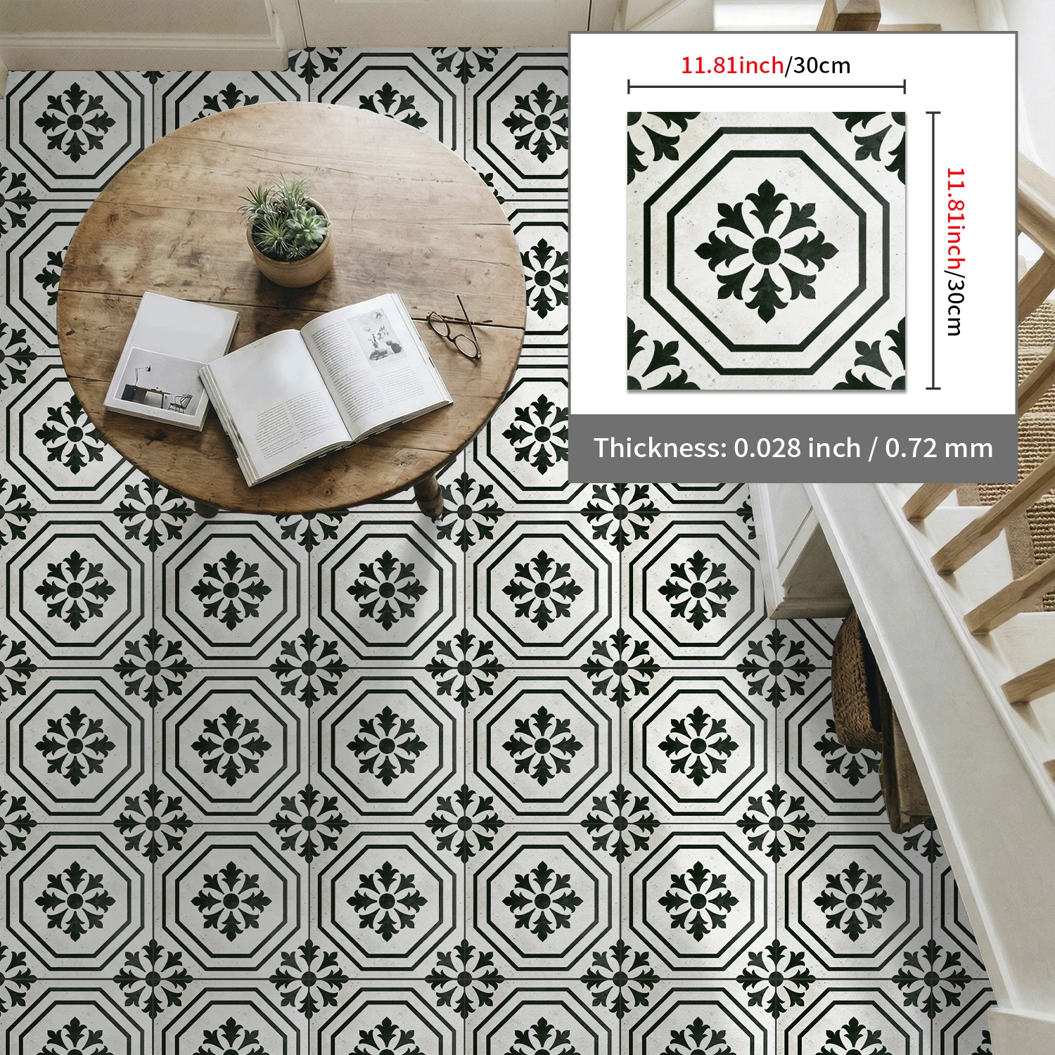 

Vintage Black White Floor Stickers, 0.72mm Thick Matte Tile Decals for Home Wall Floor Renovation