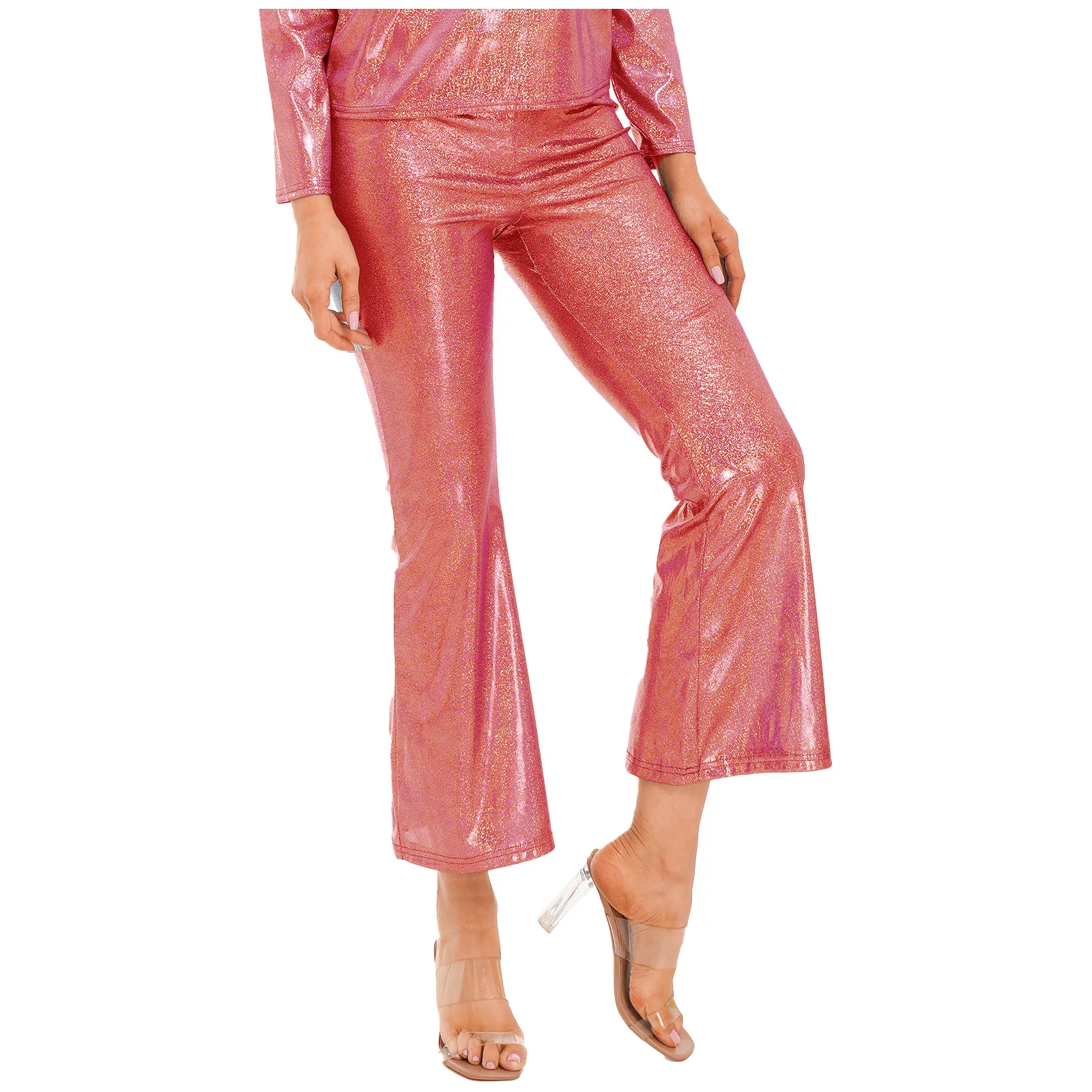 Hippie Girl Costume Womens 70's Disco Flared Pants Shiny Bell-Bottomed Trousers Halloween Party Disco Dance Club Clothes