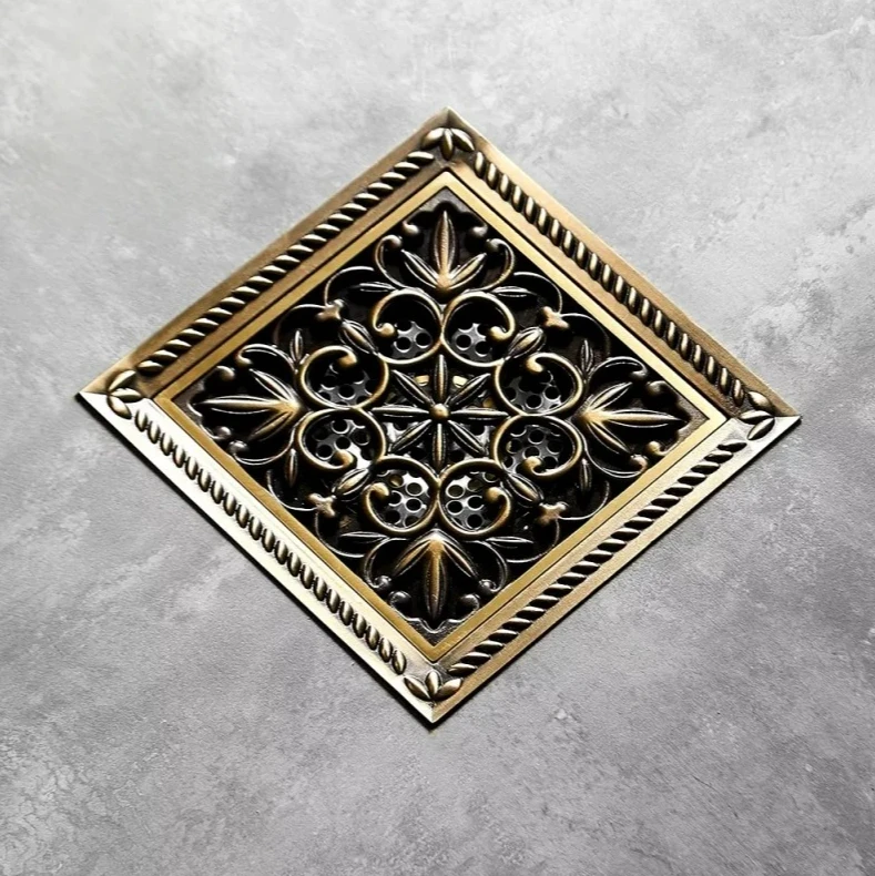 15X15 CM Floor Drains Antique Bronze Brass Shower Floor Drain Bathroom Deodorant Square Floor Drain Strainer Cover Grate Waste