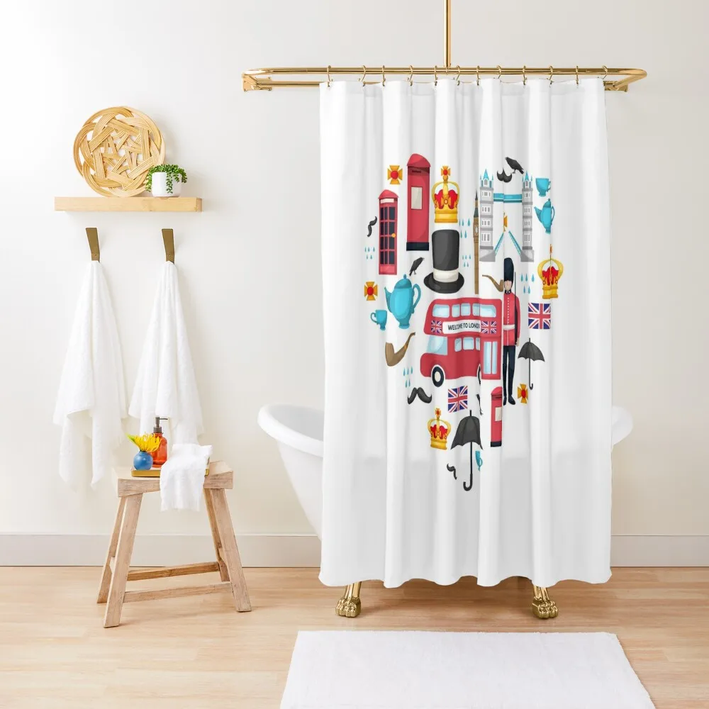 

London heart composition with colored isolated icon set combined in shape of heart, Gift for you Shower Curtain