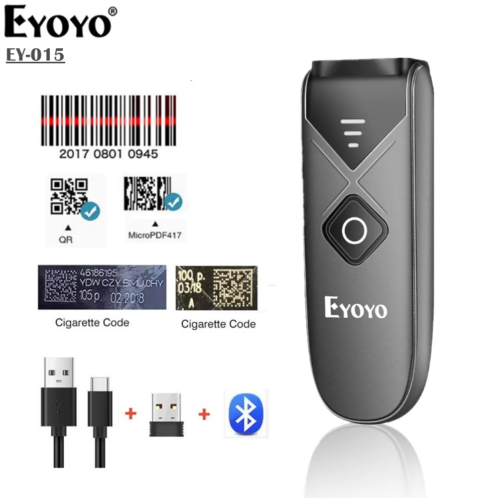 Eyoyo 015L Mini Portable 1D Laser Barcode Scanner 2.4G Wireless Bluetooth Wireless & USB wired Bar code Reader 2D Scanner IOS