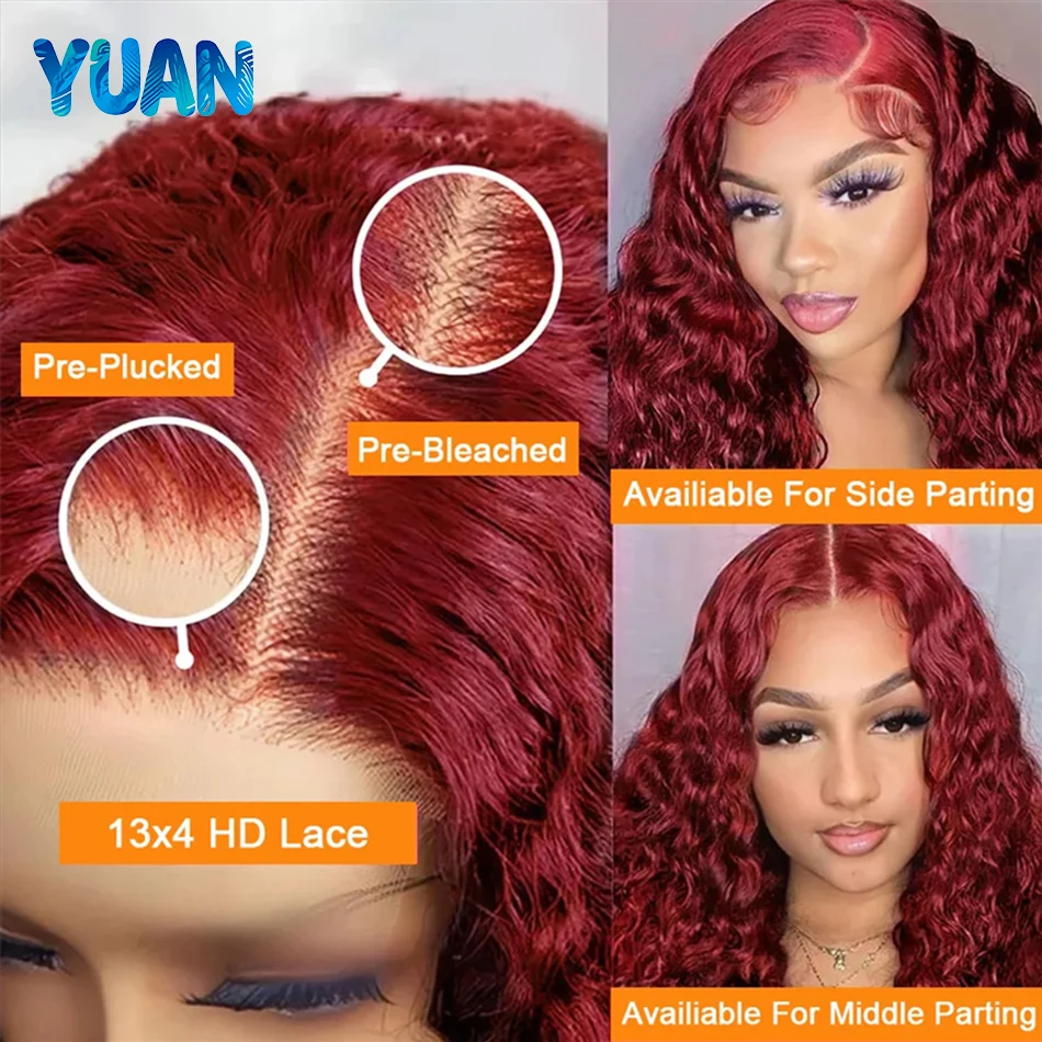 Burgundy 13x6 Hd Lace Frontal Human Hair Wig Deep Wave Curly Wigs For Women 30 Inch Water Wave Colored 99j Red Lace Front Wig image 4