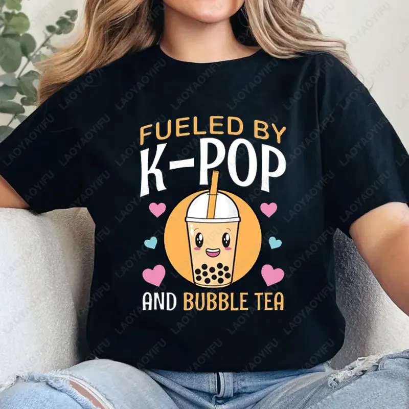 

Fueled By K-Pop Bubble Tea Kpop Heart South Korea Music T-Shirt Kpop Boba Lover Gifts Woman Streetwear Cotton Short-sleeve Tees