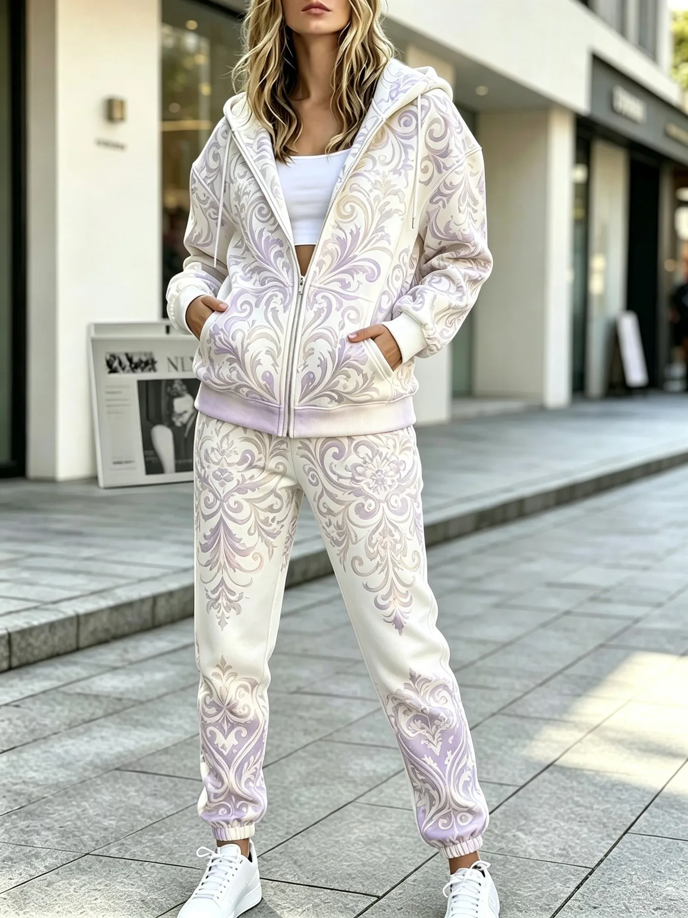 Autumn and winter women's zipper sweater and pants set with 3D printing comfortable soft casual fashionable street wear