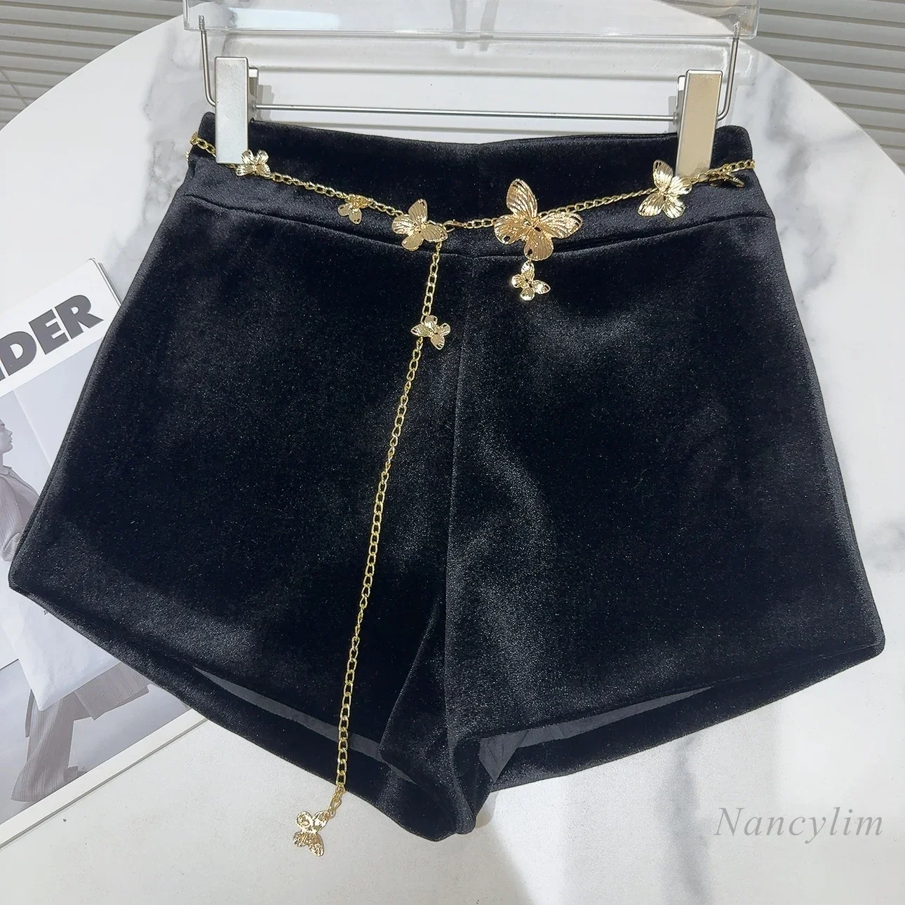 2024 Autumn Winter New Chic Temperament Metal Butterfly Waist Chain Velvet Three-point Shorts Boots Shorts for Women