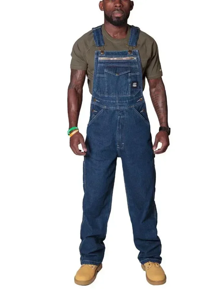 

New Men Patchwork Jumpsuits Jeans Washing Denim Mid Waist Full Length Overalls Zipper Fly Pockets High Street Straight Pants