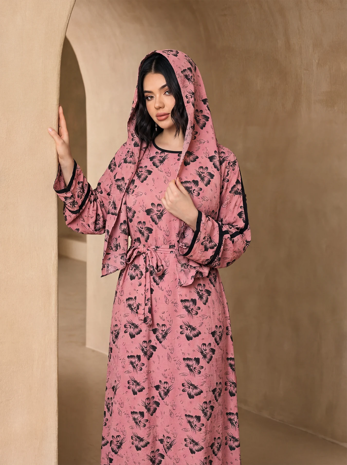 Floral Print Open Abaya 3 Piece Set With Matching Hijab Belt, Flare Sleeve Modest Maxi Dress For Muslim Women Eid Daily Outfit