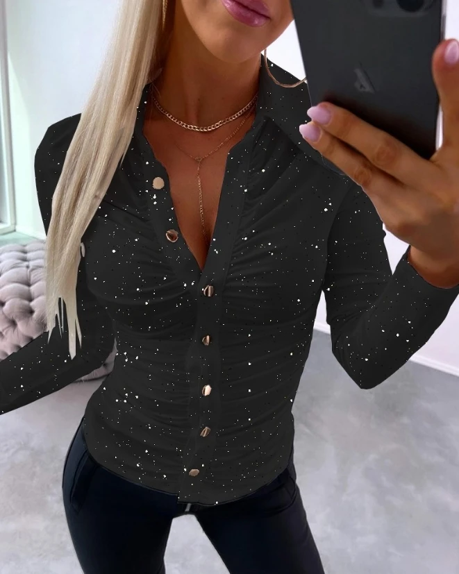 Y2K Women Shirt Glitter Ruched Buttoned Long Sleeve Top Ruched Shirt Solid Color Single Breasted Slim Fits Shirt Top