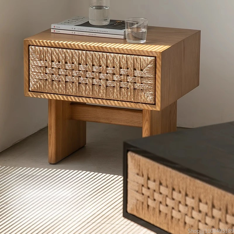 

Mid-Century Nightstand Solid Wood Woven Rattan Bedside Table Scandinavian Storage Cabinet for Living Room Bedroom Furniture