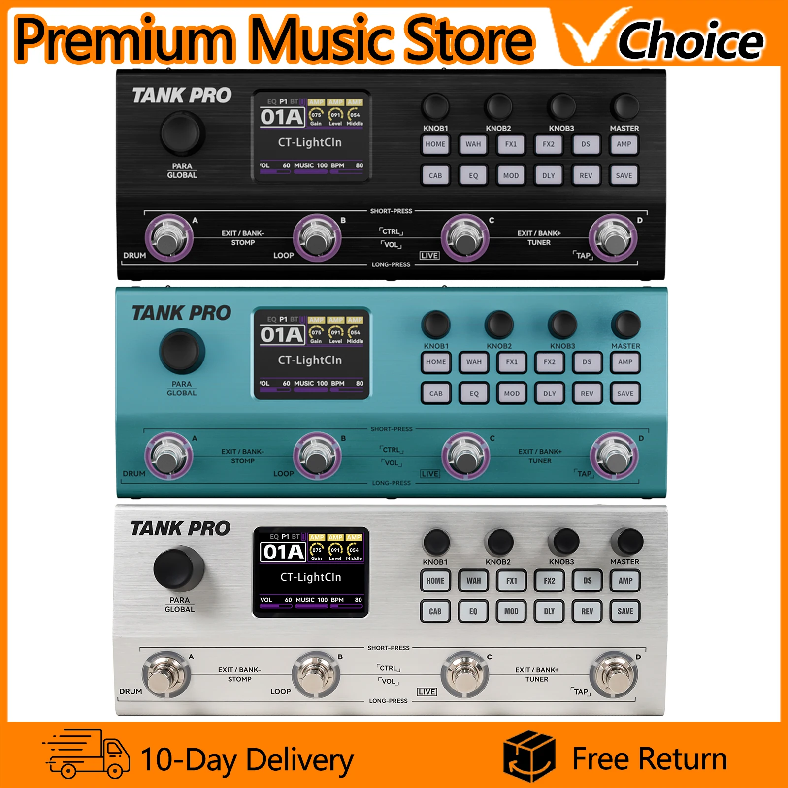 M-VAVE TANK PRO Guitar Multi-Effects Pedal Amp/Cab Sim 120 Presets 150s Looper Drum Machine Rechargeable Battery Function