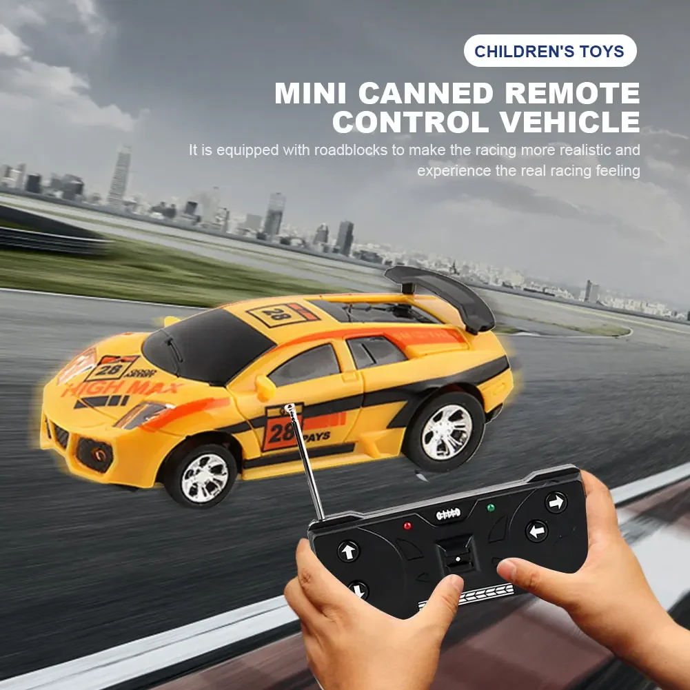 With Roadblocks Christmas Gift Coke Can Remote Control Car Battery Operated Remote Control Racing Vehicle LED Lights Mini RC Car