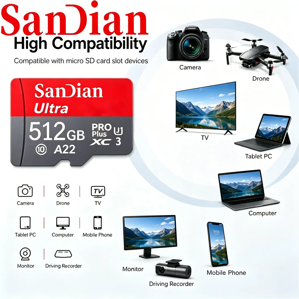 Sleek Memory Card 512GB 128GB 256GB TF Cards Micro TF SD Card SD Cards File Storage 4K for PC/Smart TV/GPS/E-Reader/Router