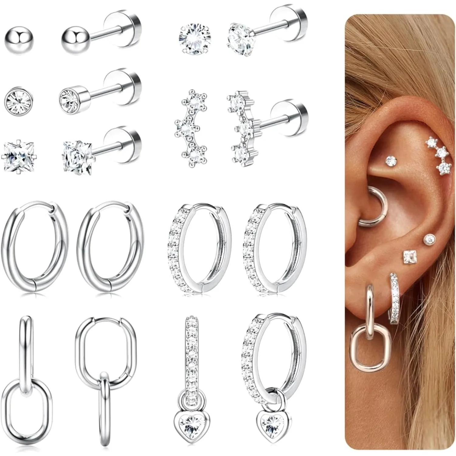 Drperfect 2Pcs/1Pair Hypoallergenic FlatBack Stud Hoop Earrings for Women Surgical Steel Earrings Cartilage Stacks Earring Jewel