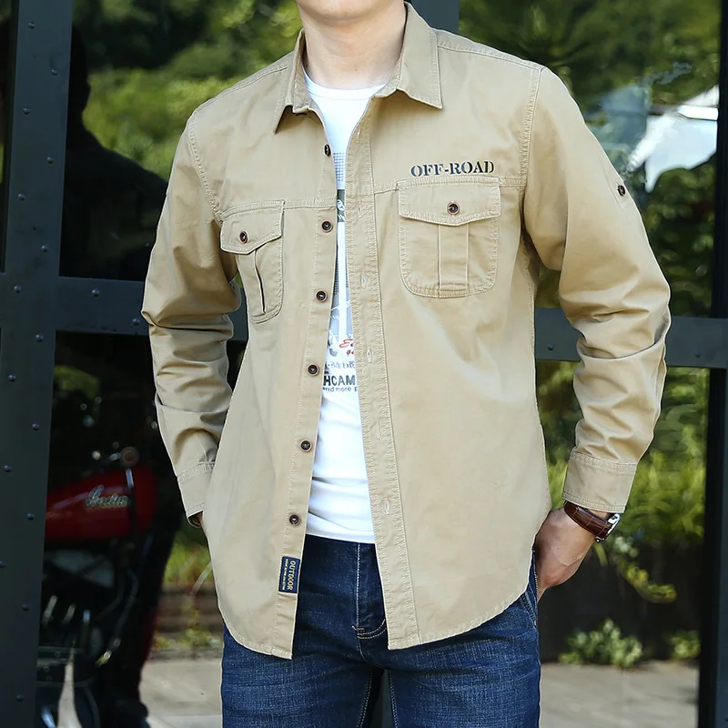Spring And Autumn Loose Tooling Shirt Middle-aged And Young Casual Lapel Pure Cotton Solid Color Overalls Large Size Shirt