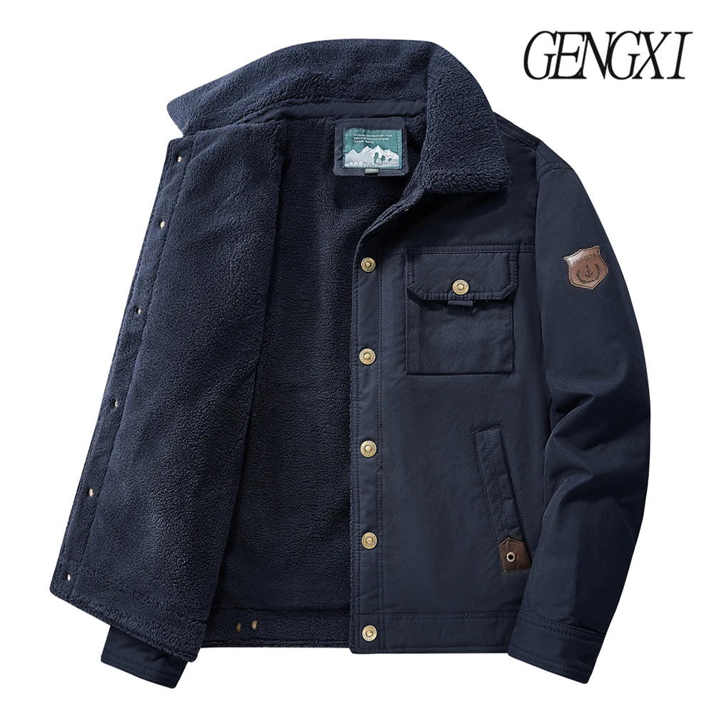 Kedatangan Baru Musim Gugur/Dingin: Jaket Kerja Bordir Huruf Multi-Saku Berlapis Fleece Tebal dengan Kerah Berkerah Tunggal