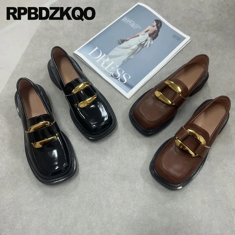 

Sheepskin Brown Women Slip On Loafers Shoes Low Heel Slippers Square Toe Block Genuine Leather Slides Half Metal Mules Patent