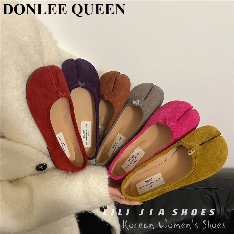 2023 New Suede Bowtie Tabi Ninja Shoes Woman Flat Soft Trotters Split Toe Ballet Ladies Round High Heeled Loafers Femmes Tacones