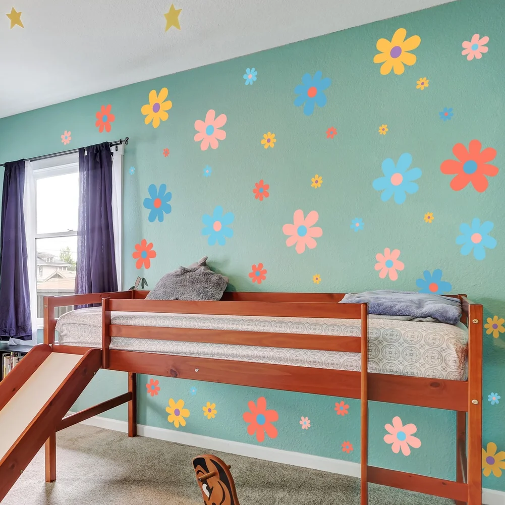 Macaron-Themed Floral Wall Stickers for Childrens Room Decor Reusable PVC Material Compatible with Smooth Indoor Surfaces