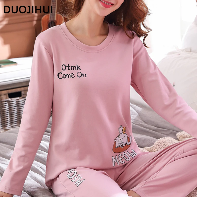 DUOJIHUI Pink Fashion Printed Sweet Autumn Women's Pajamas Set New O-neck Chic Bra Pullover Loose Pant Simple Female Pajamas Set