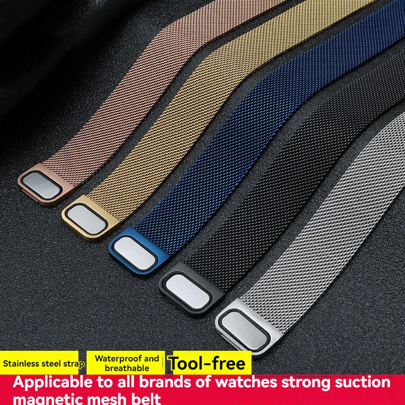 سوار ساعة شبكي ميلانيزي مغناطيسي للرجال والنساء، حزام من الفولاذ المقاوم للصدأ مقاس 12-23 مم باللون الفضي/الأسود/الذهبي، سوار سريع الفك