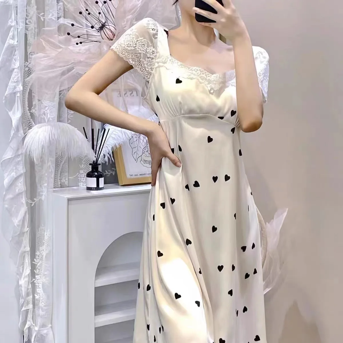 Summer Female Nightgown Sleepwear Sexy Lace Nightdress Bath Robe Sweet White Print Lover Home Dressing Gown Rayon Loungewear