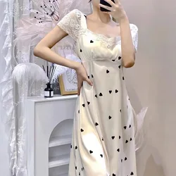 Summer Female Nightgown Sleepwear Sexy Lace Nightdress Bath Robe Sweet White Print Lover Home Dressing Gown Rayon Loungewear