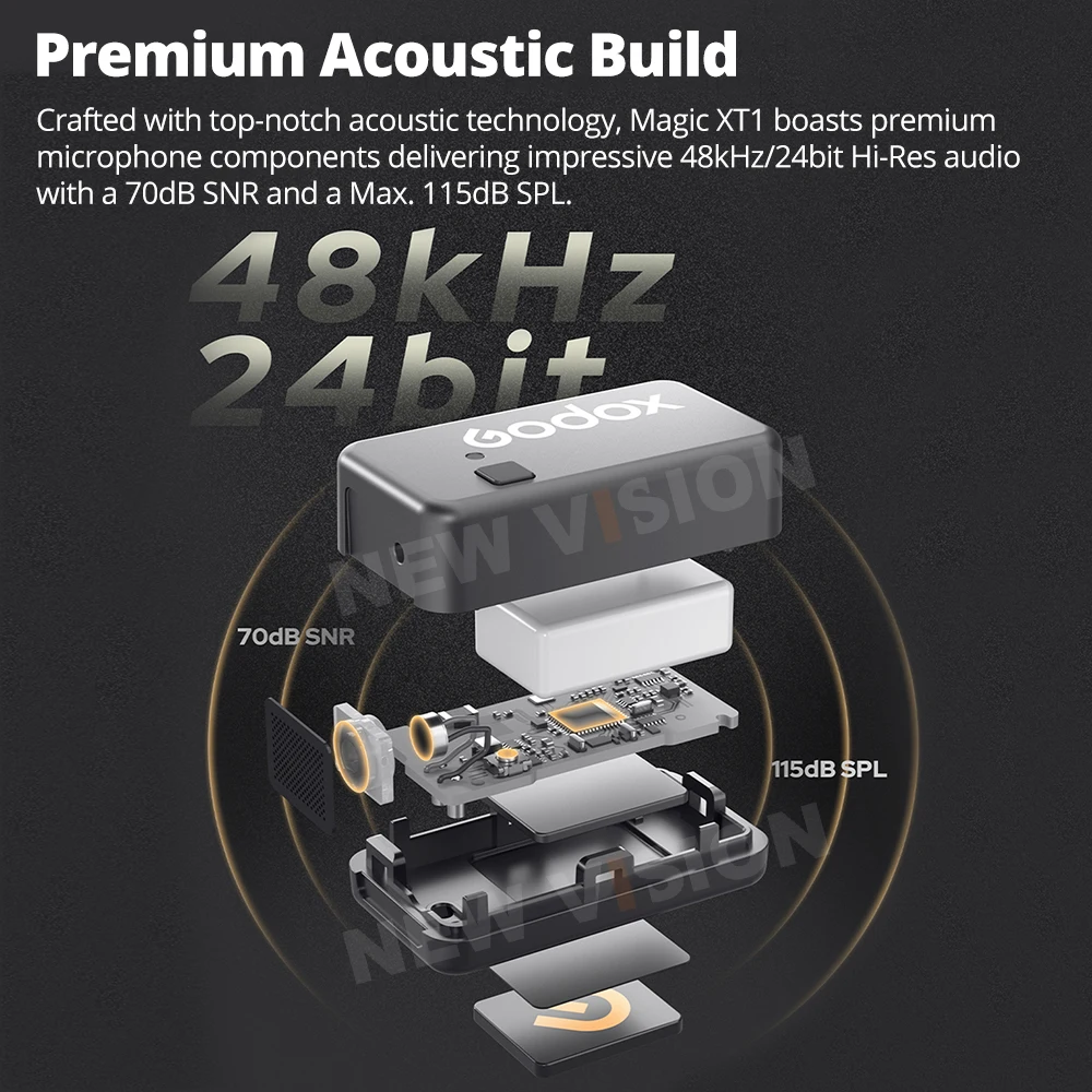 نظام ميكروفون لاسلكي Godox Magic XT1 بسرعة 2.4 جيجا هرتز كحد أقصى. معالجة الصوت الاحترافية بطول 200 متر من LOS Range Pro تدعم تسجيل الصوت الرقمي