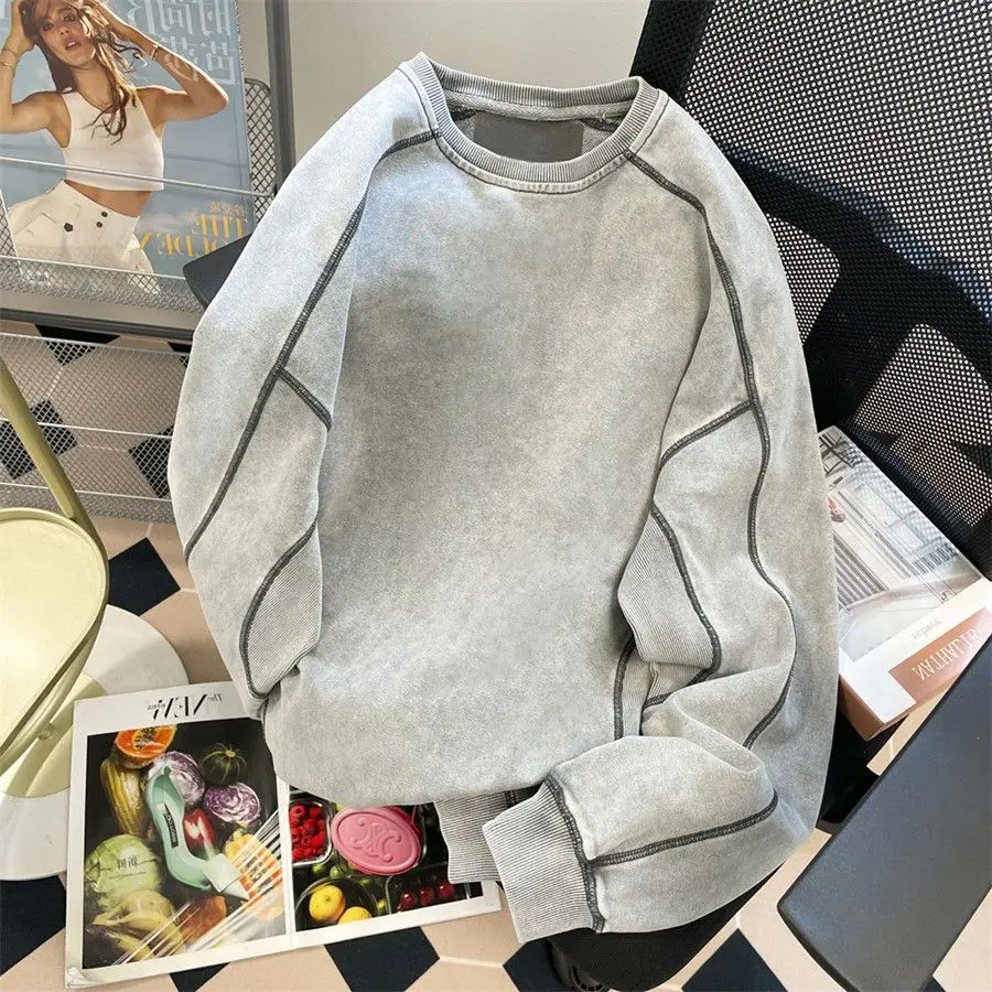 Bright Line Decoration Spliced Men O Neck Long Sleeve Sweatshirts Fall Fashion Simple Punk Harajuku 2xl Oversized Clothing Grey