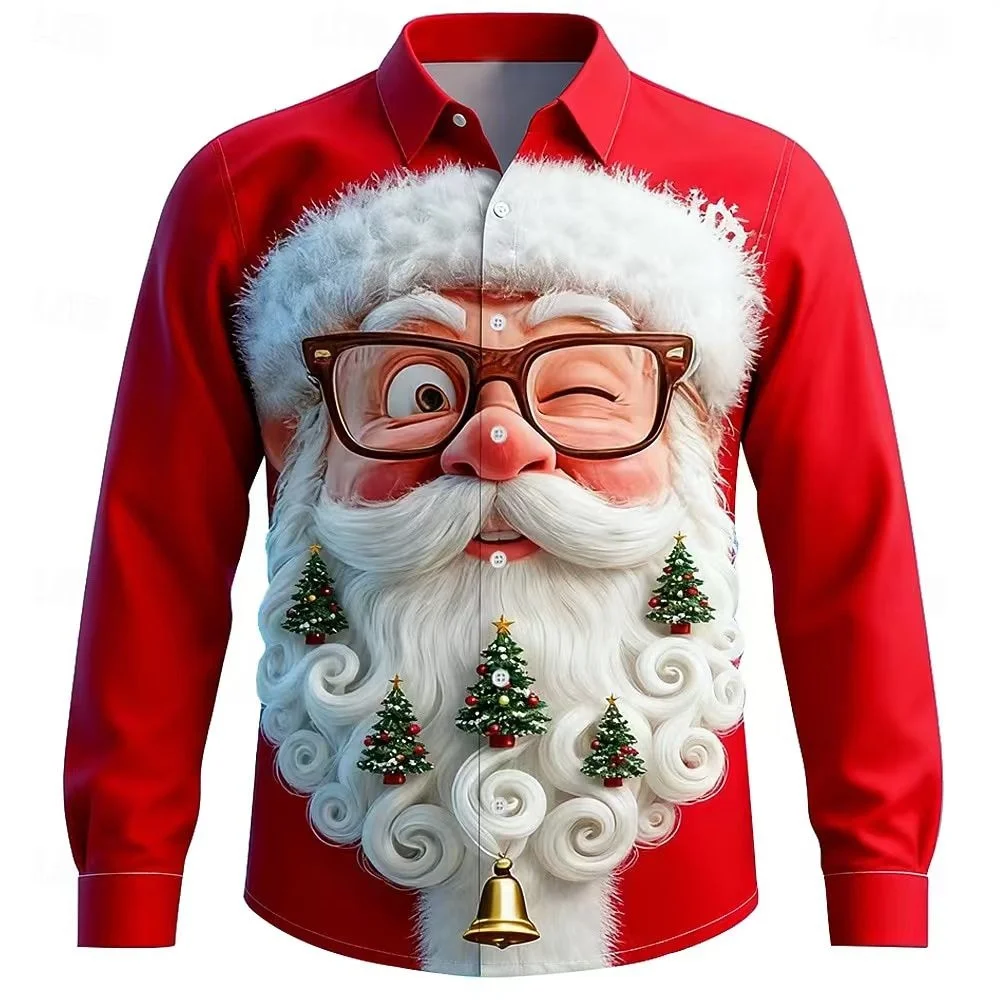 2026 Nueva camisa navideña de copo de nieve para hombre, manga larga con botones, camisa festiva con cuello de otoño/invierno